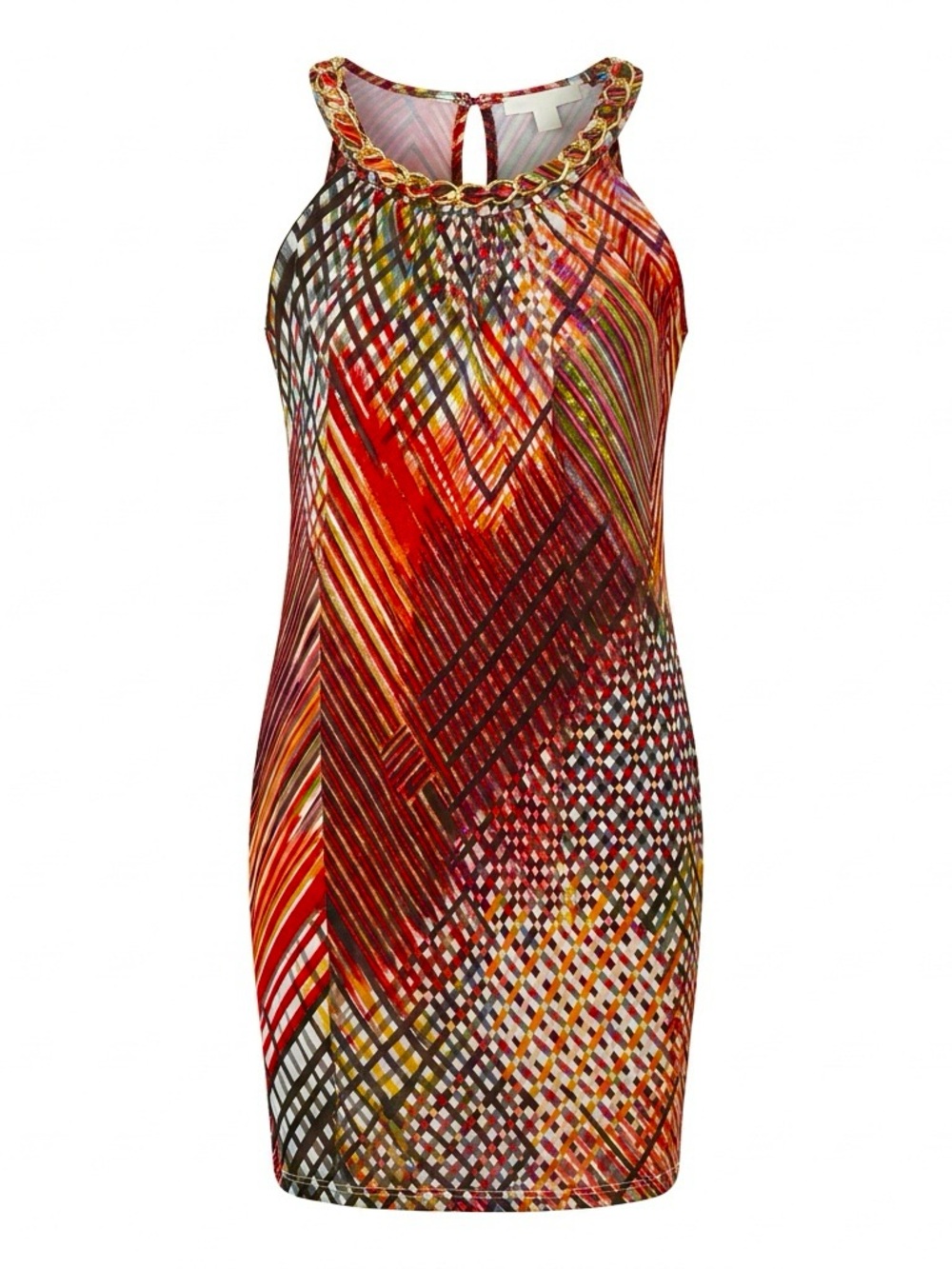 Multicolored Abstract Print Halter Dress - with gold accent necklace